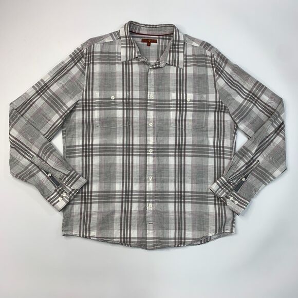 7 For All Mankind Shirt Mens XL Extra Large Gray Plaid Cotton Linen Blend Button - Picture 2 of 11
